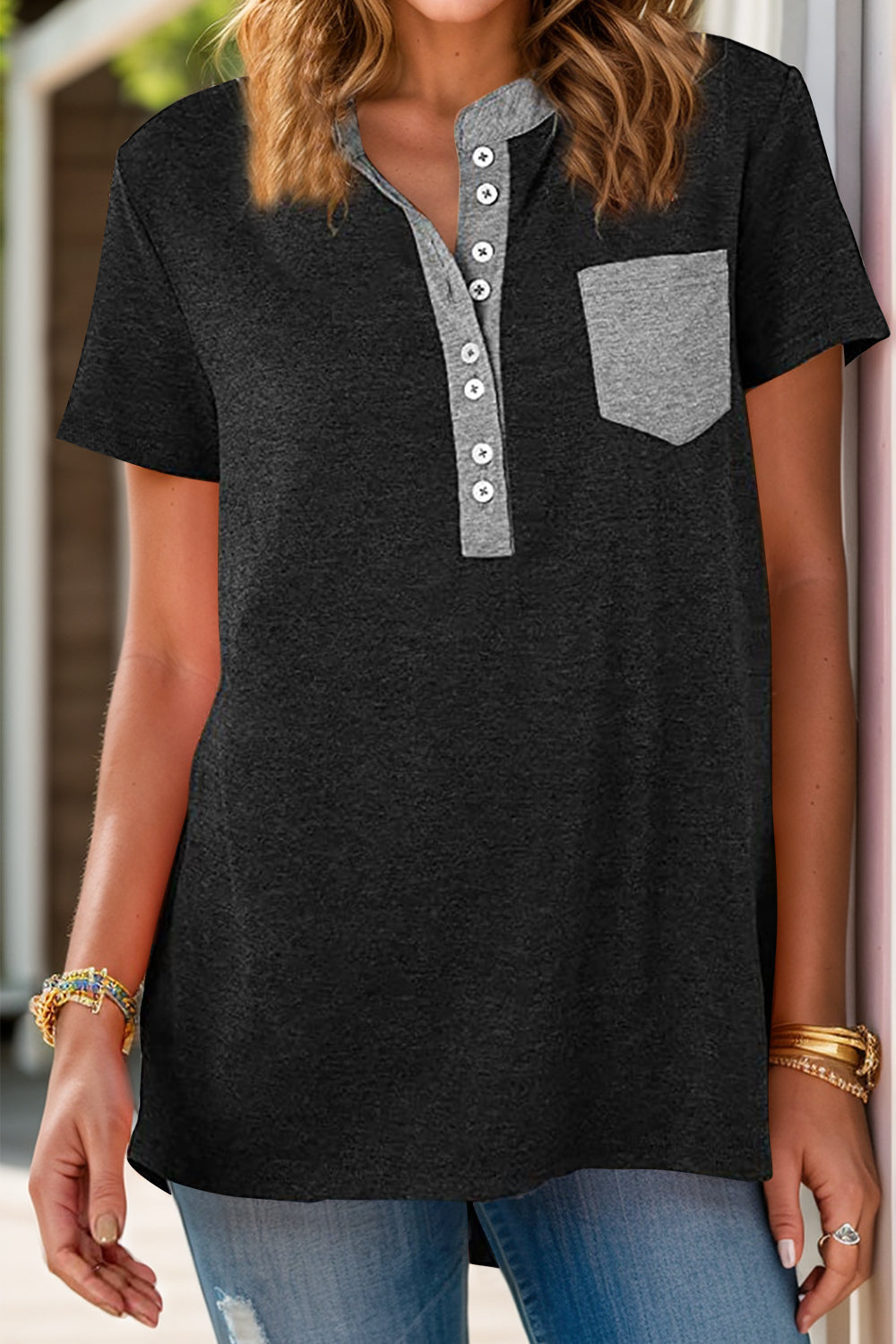 Size Half Button Short Sleeve T-Shirt DJPT