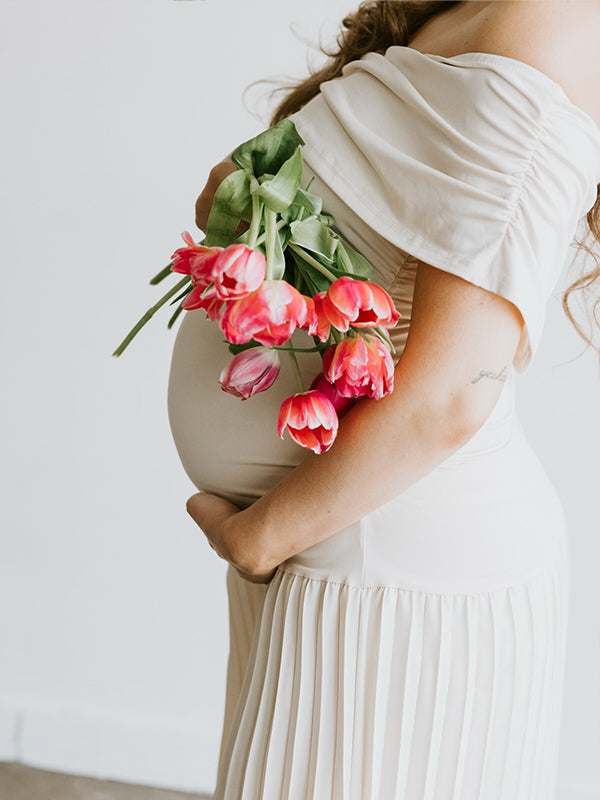 Apricot Off Shoulder Ruched Pleated Big Swing Maternity Baby Shower Maxi Dress Maternity