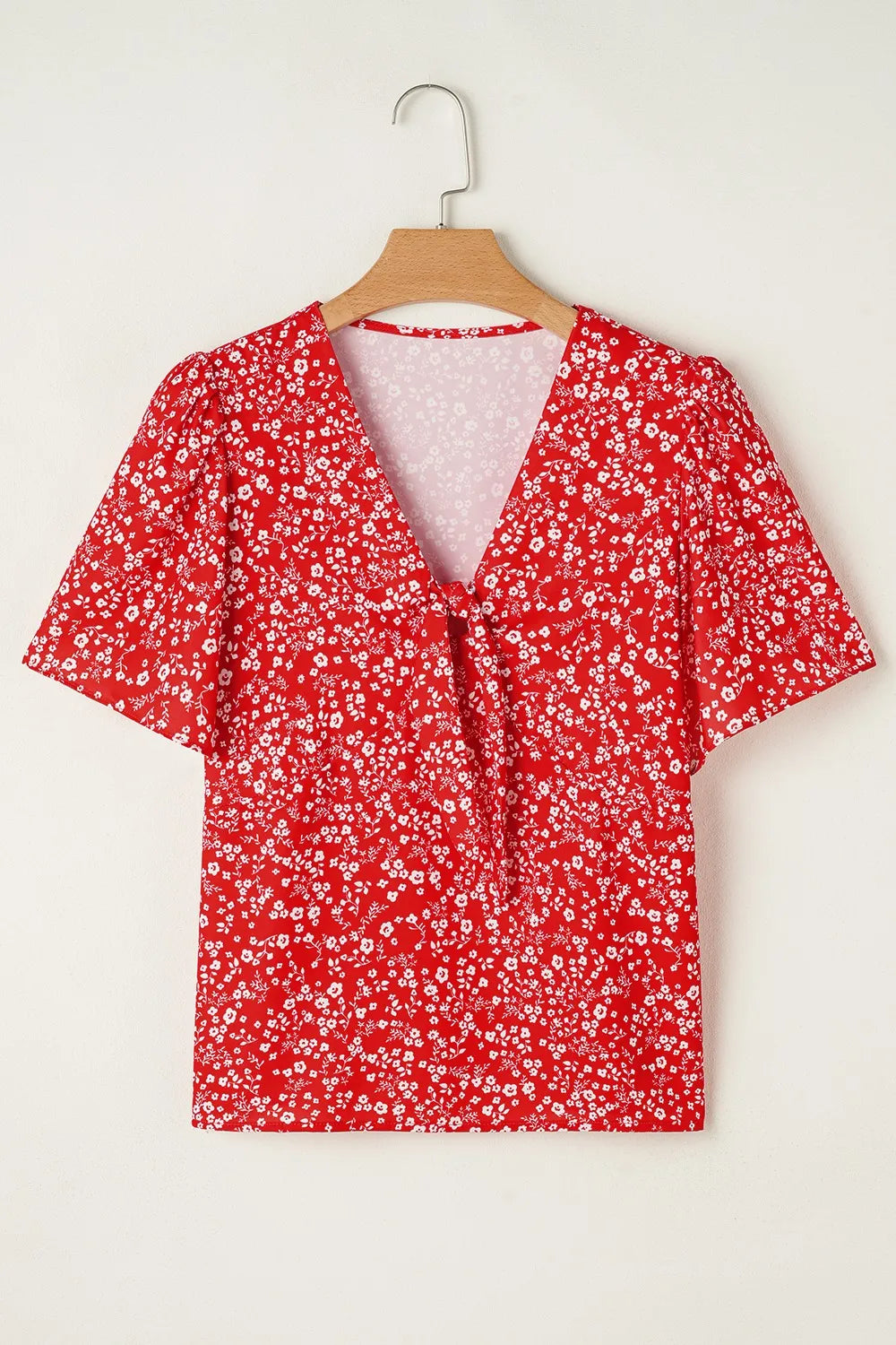 Floral Printed Half Sleeve Knotted V Neck Blouse DJPT