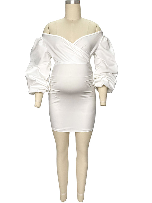 White Off Shoulder Backless V-Neck Lantern Sleeve Bodycon Party Cute Baby Shower Maternity Mini Dress Maternity