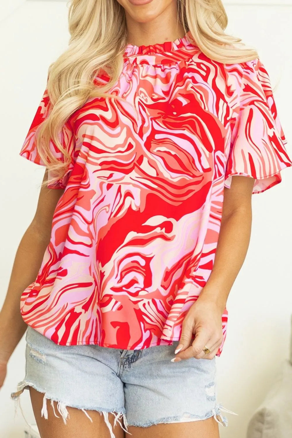 Print Ruffled Short Sleeve Mock Neck Blouse DJPT