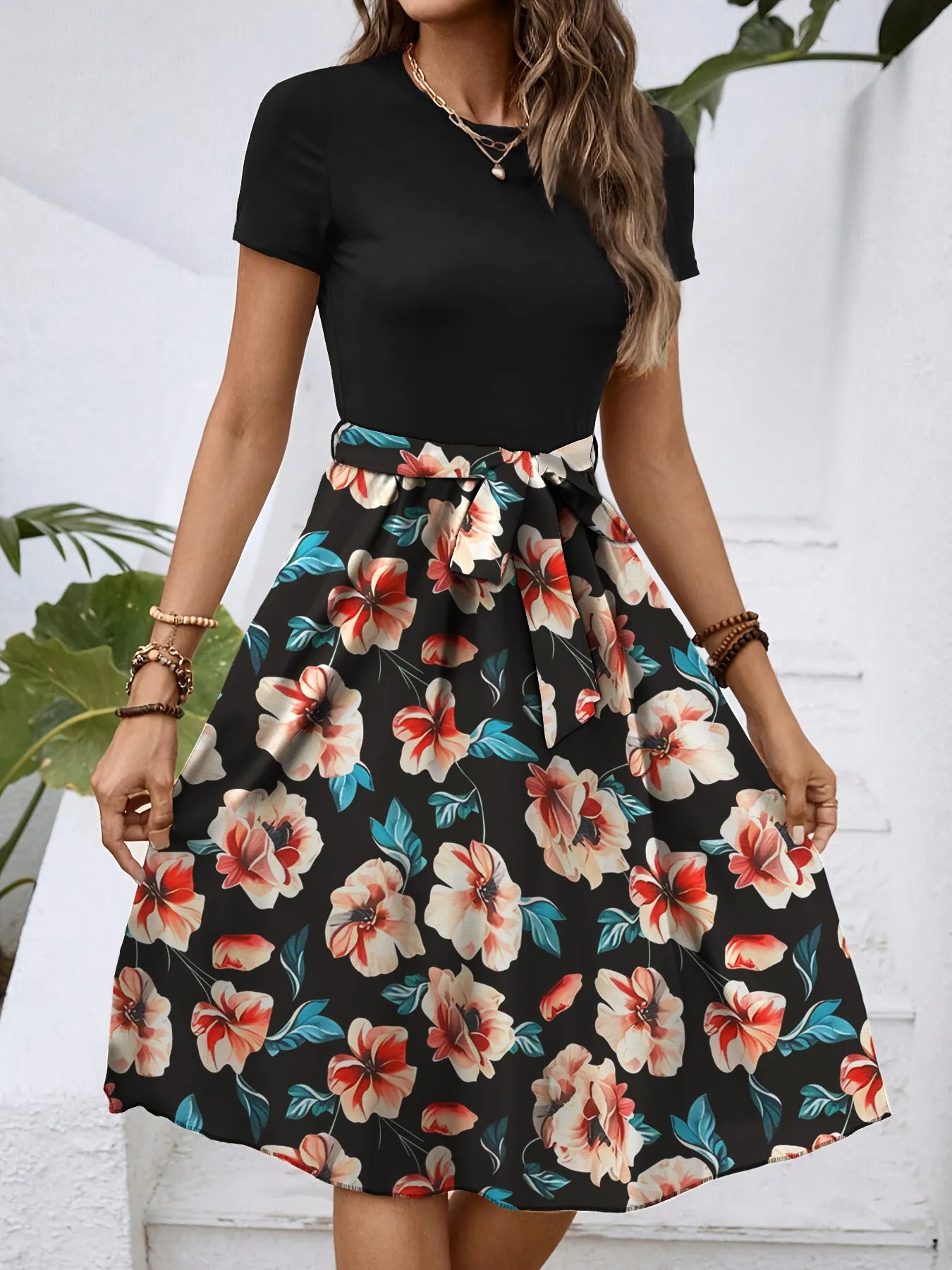 Print Short Sleeve A-Line Dress DJPT