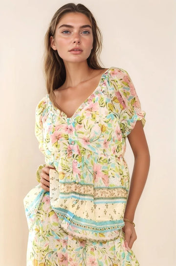 & Dani Spring Floral Border Print Ruffled Textured Top DJPT