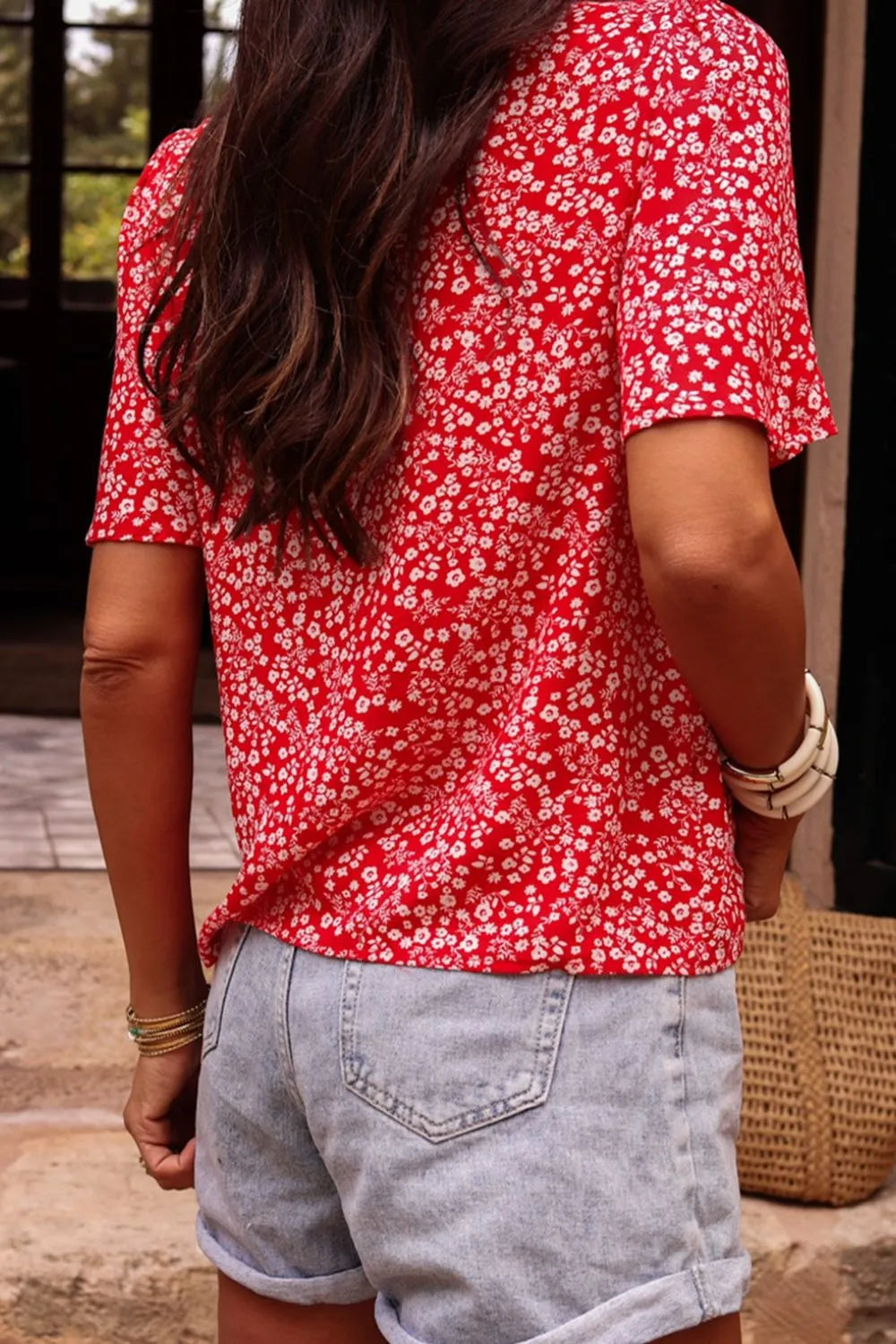 Floral Printed Half Sleeve Knotted V Neck Blouse DJPT