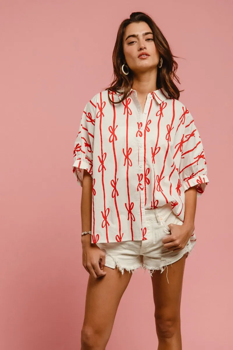 Bow Ribbon Woven Printed Button Down Shirt DJPT