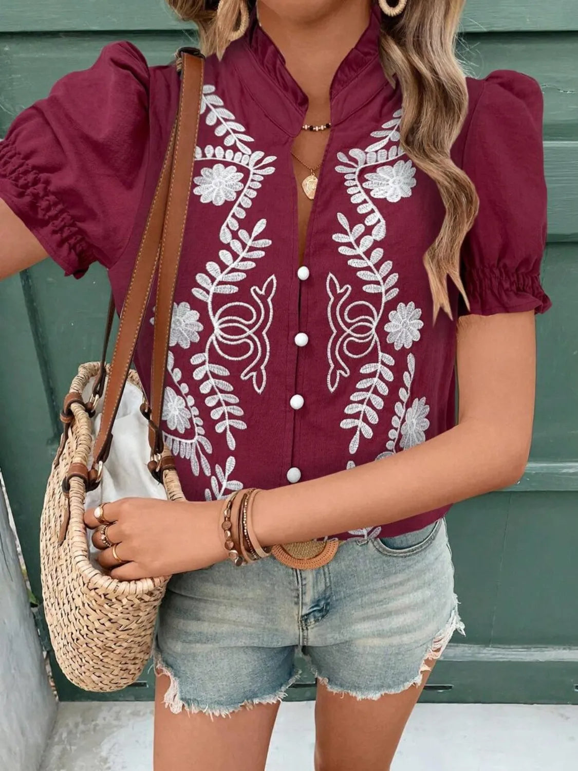 Frill Notched Short Sleeve Blouse DJPT