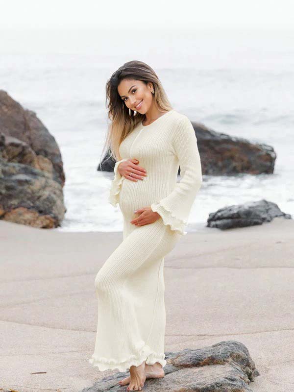 White Knit Pleated Tie Back Ruffle Falbala Frill Hem Backless Big Swing Elegant Cocktail Party Gown Maternity Photoshoot Baby Shower Maxi Dress Maternity