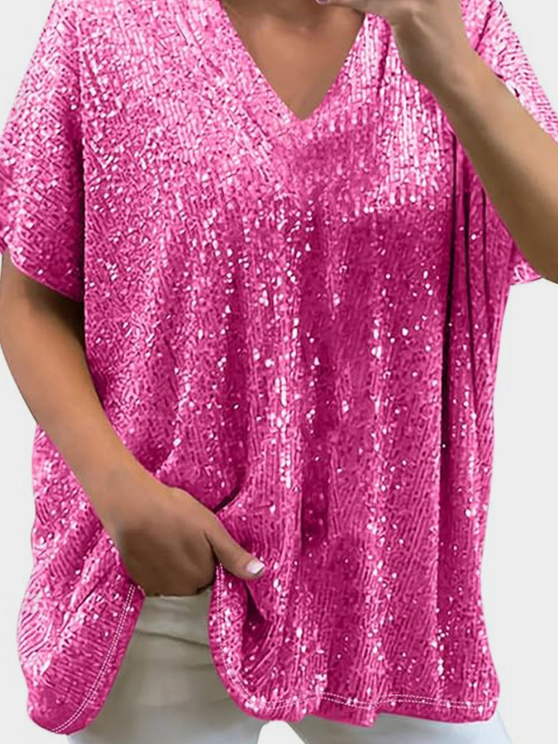 Size Sequin V-Neck Short Sleeve Top DJPT