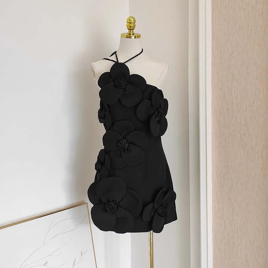 A line Halter Black Flowers Vacation Dress Short Birthday Dresses SD178