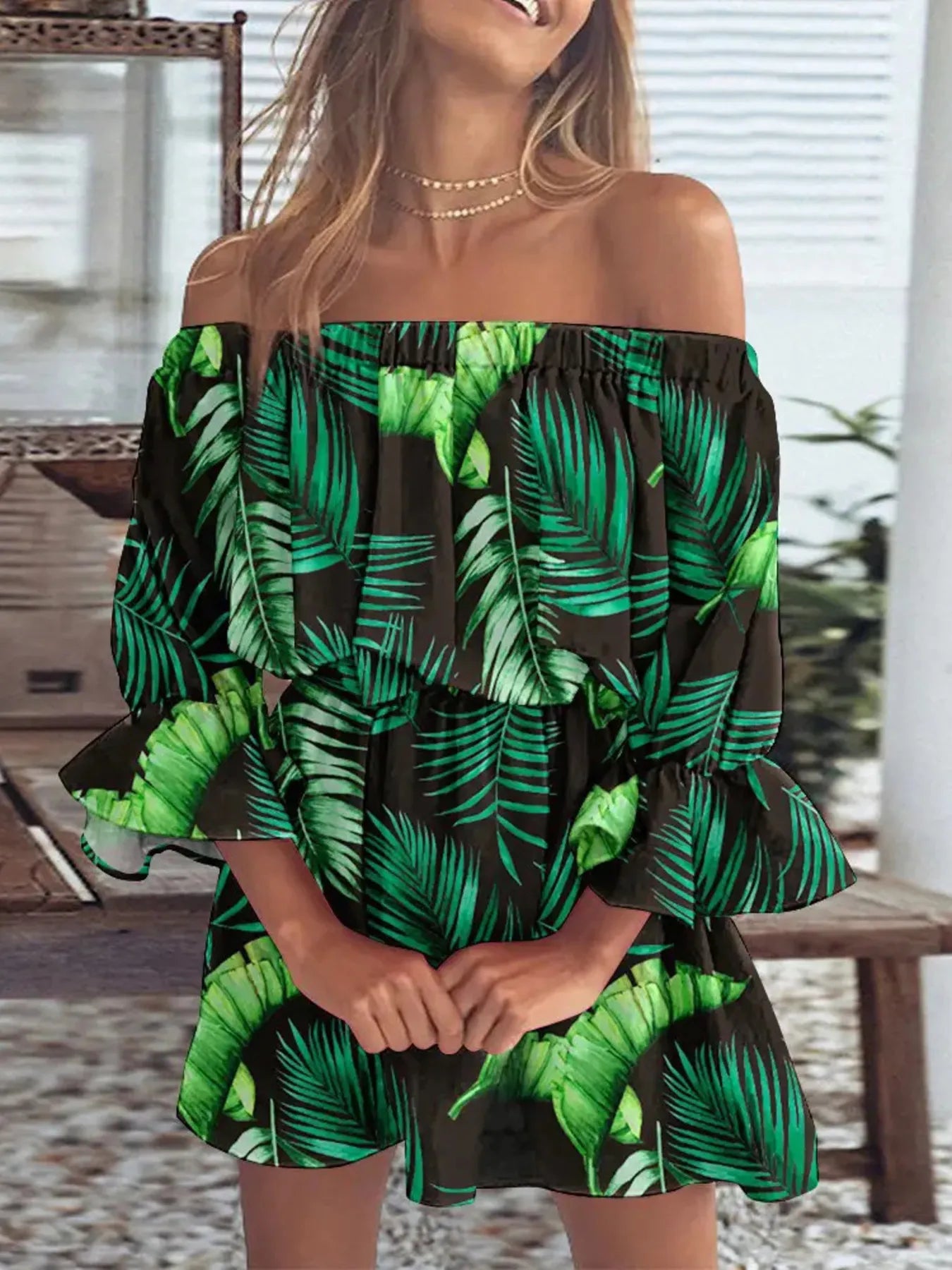 Size Floral Off-Shoulder Flounce Sleeve Mini Dress Plus Size DJPT