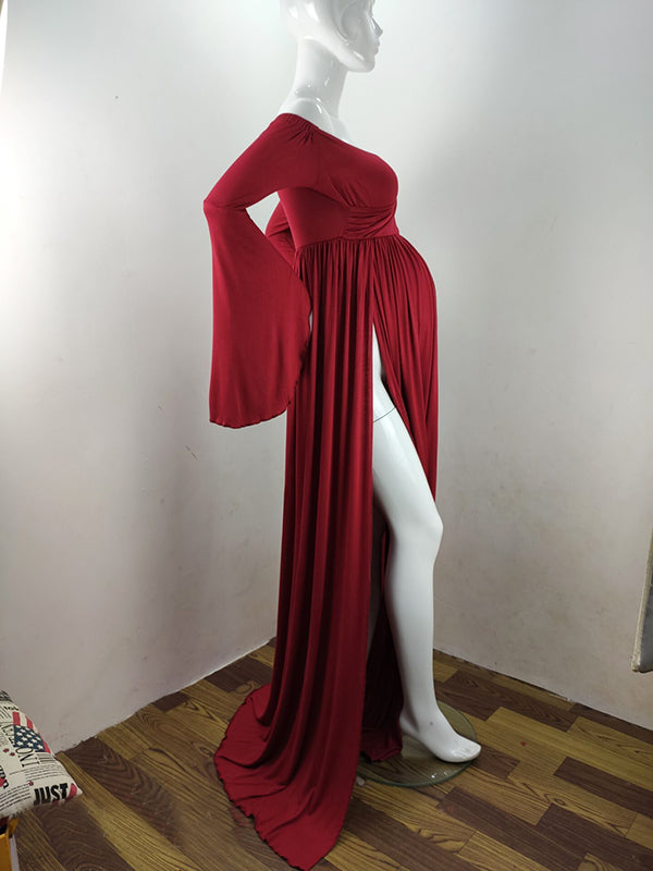 Solid Off Shoulder V-neck Slit Flare Sleeve Party Long Train Gown Maternity Photoshoot Maxi Dress Maternity