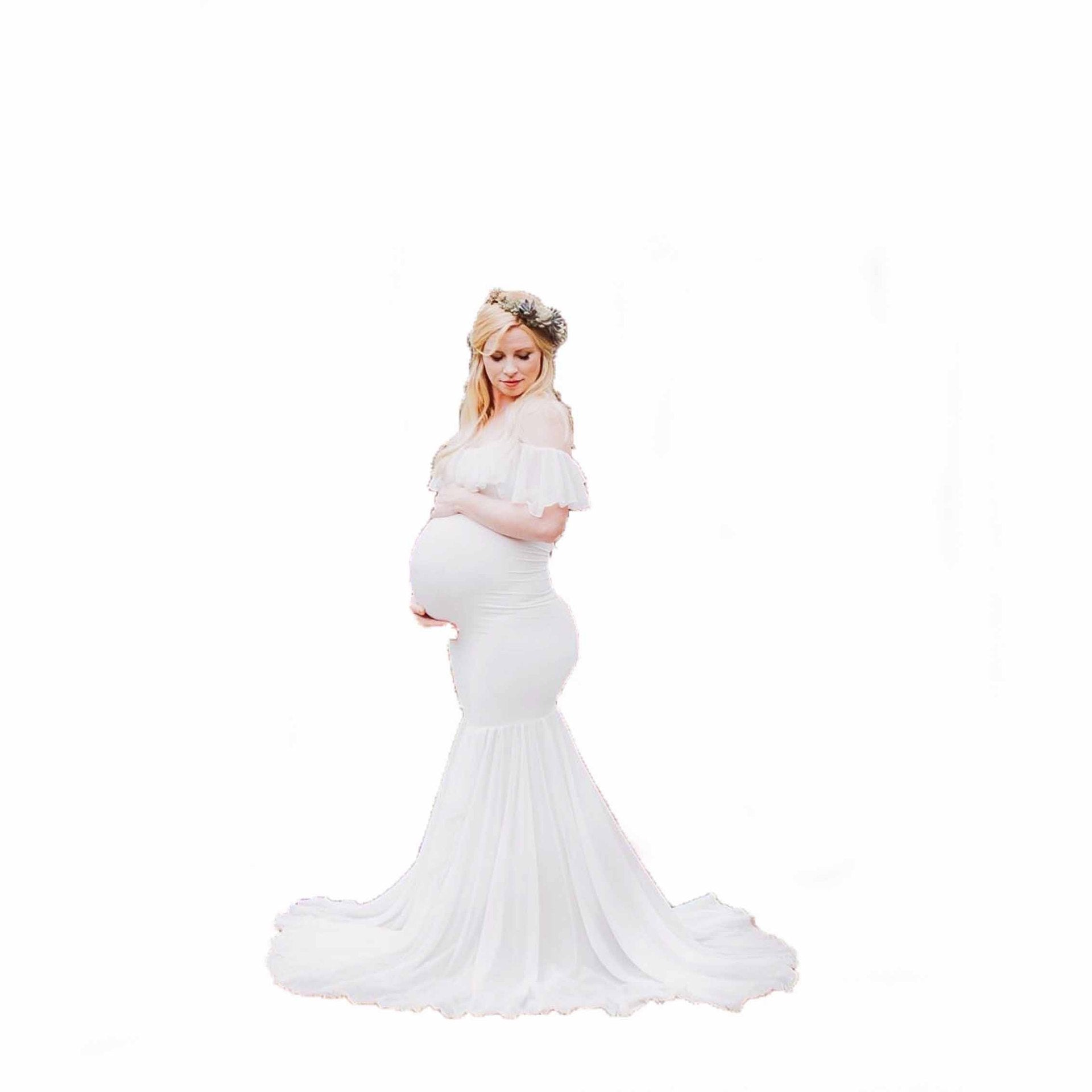 Women's Lace Pregnant Women Tailing Short-Sleeved Dress Photo Flying Sleeve Dress 1862 Maternity