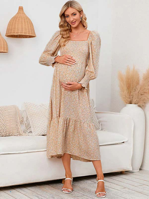 Chiffon Floral Print Ruffle High Waist Boutique Holiday Sweet Maternity Maxi Dress Maternity