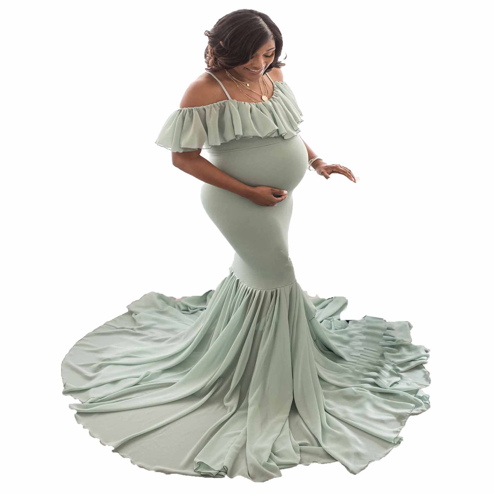 Women's Lace Pregnant Women Tailing Short-Sleeved Dress Photo Flying Sleeve Dress 1862 Maternity