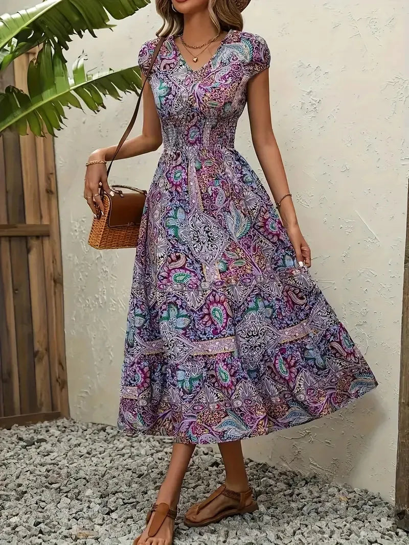 Size Printed V-Neck Short Sleeve Midi Dress DJPT