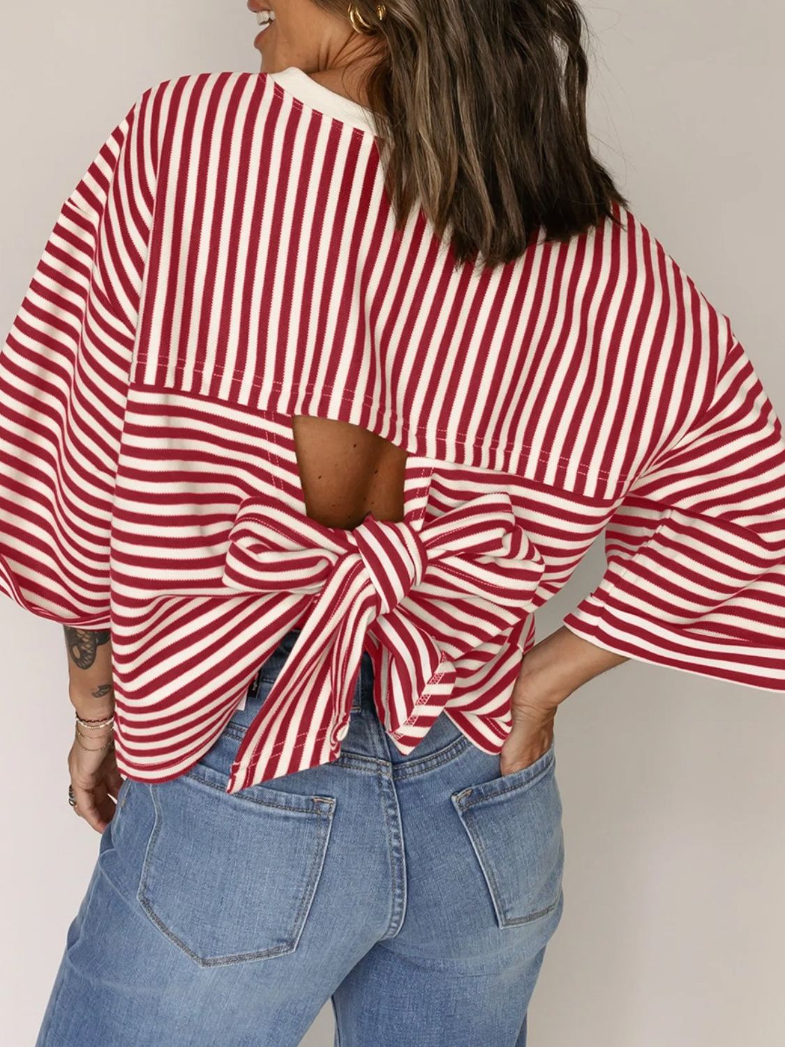 Bow Decor Cutout Drop Shoulder Top DJPT
