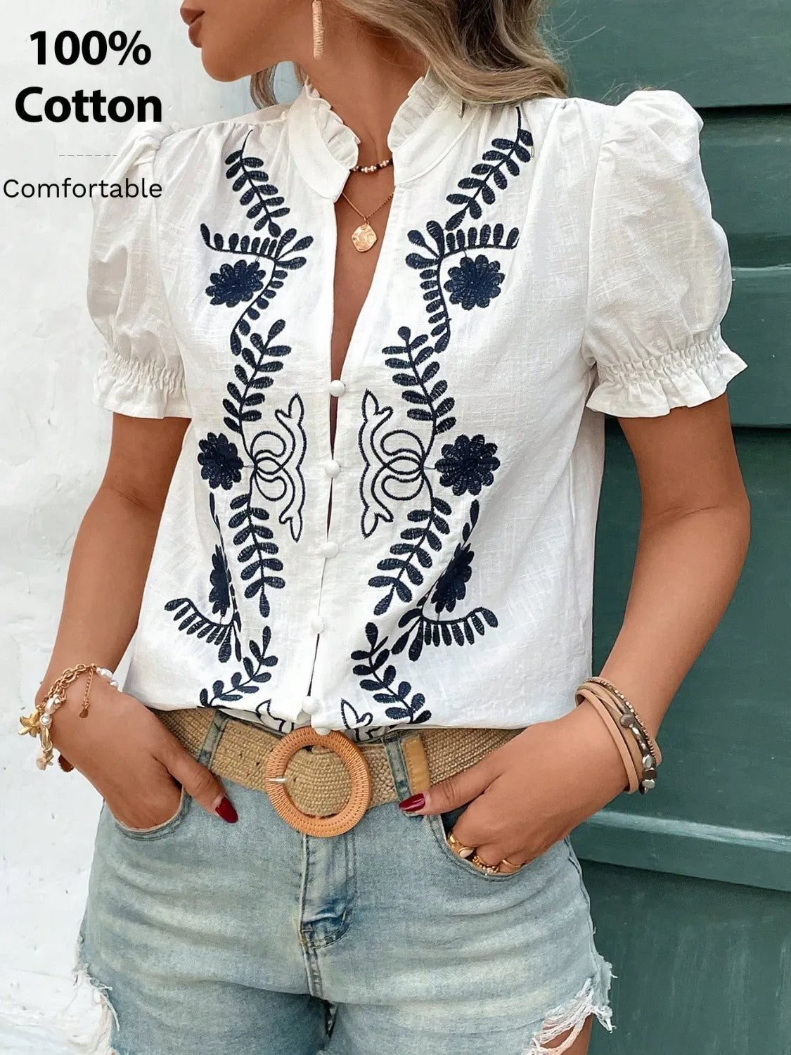 Frill Notched Short Sleeve Blouse DJPT