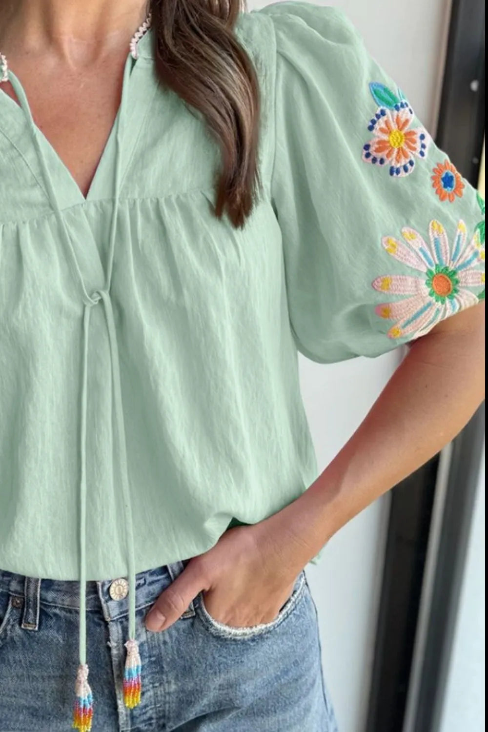 Tie Neck Short Sleeve Blouse DJPT