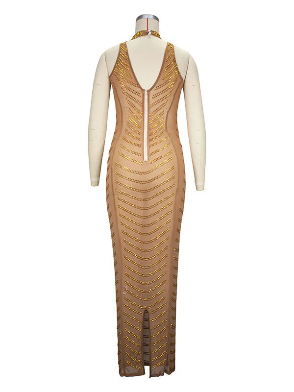 Gold Rhinestone Mesh Sleeveless Backless Photoshoot Bodycon Evening Plus Size Maternity Maxi Dress Maternity