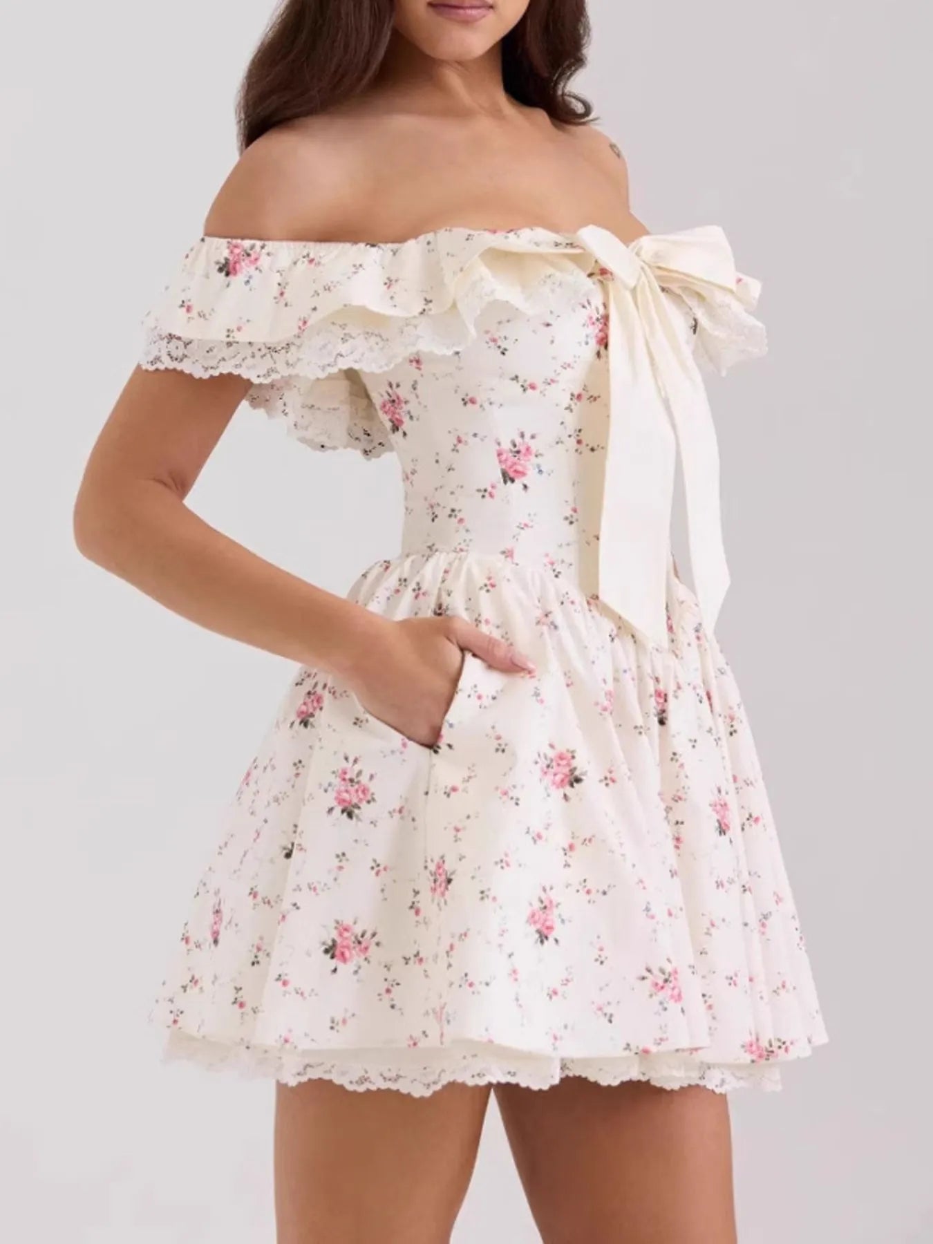 Floral Lace Trim Mini Dress DJPT