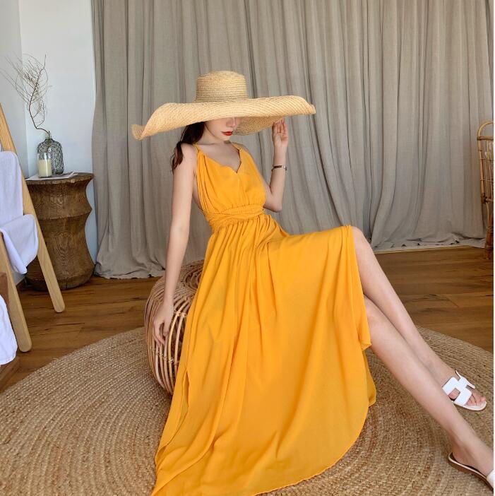 Holiday Super Fairy Chiffon Dress Showing Thin Yellow Sexy Big Dew Back Sanya Bali Tourist Beach Dress
