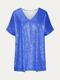 Size Sequin V-Neck Short Sleeve Top DJPT