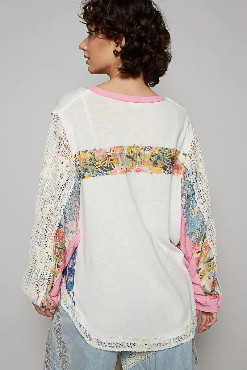 Button Detail Floral Patchwork Crochet Sleeve Blouse DJPT