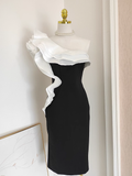 Sheath One Shoulder Satin Dinner Party Dresses Black Birthday Outfits SD382