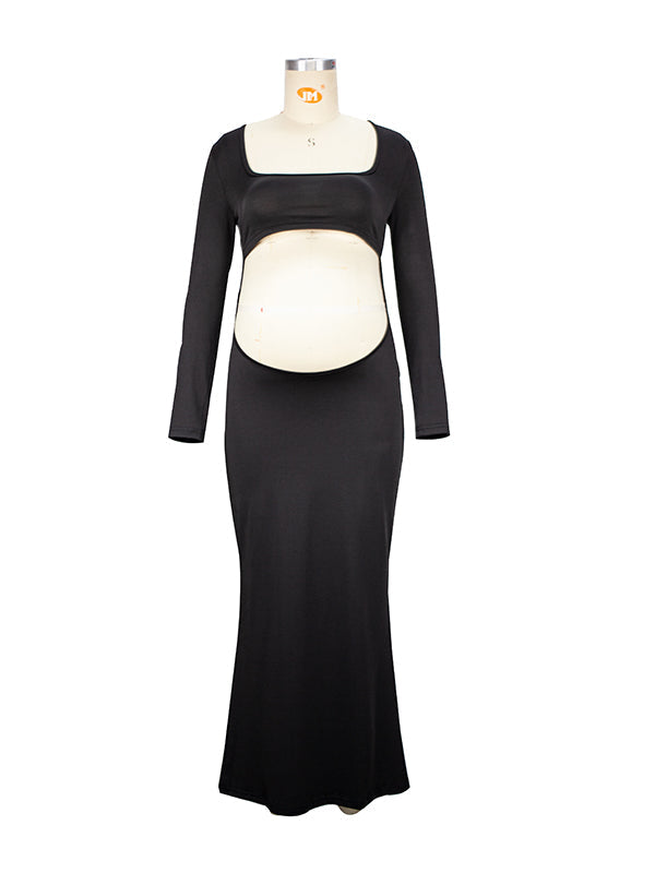 Black Cut Out Mermaid Crop Long Sleeve Backless Bodycon Cocktail Club Party Photoshoot Maternity Maxi Dress Maternity