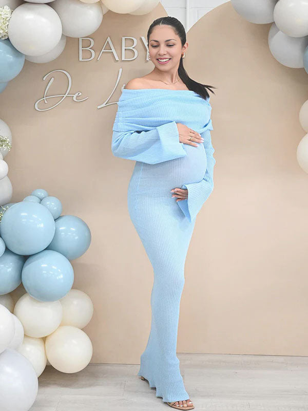 Blue Knit Ruched Off Shoulder Flare Sleeve Bodycon Elegant Cocktail Party Gown Maternity Photoshoot Baby Shower Maxi Dress Maternity