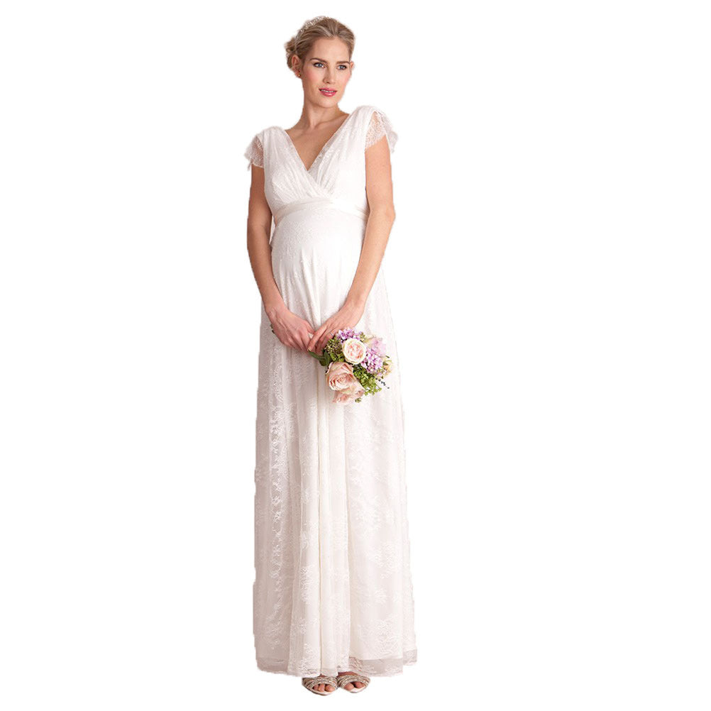 Women's Lace Pregnant Women's Lotus Leaf Side Short-Sleeved Dress Photography Flying Sleeve Dress 1108 Maternity