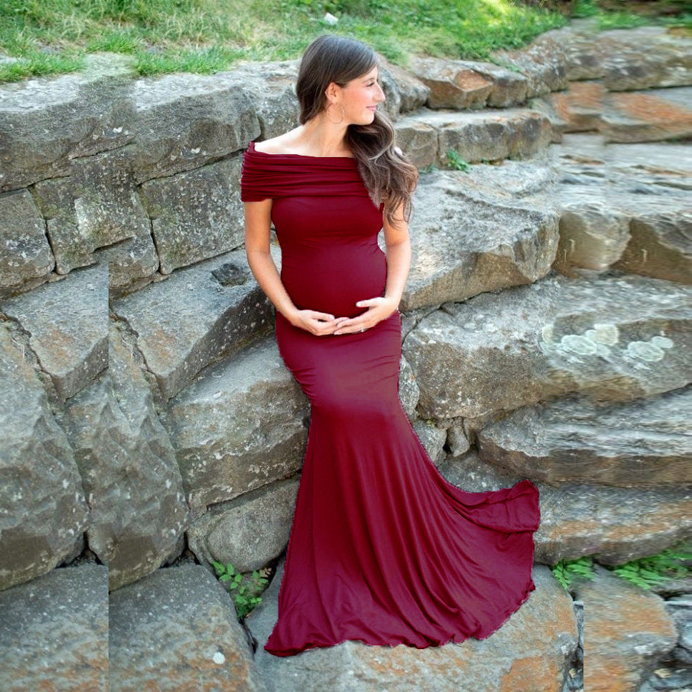 Women's Cotton Pregnant Women Anti-Necked Short-Sleeved Tail Dress Photo Dress 1147 Maternity