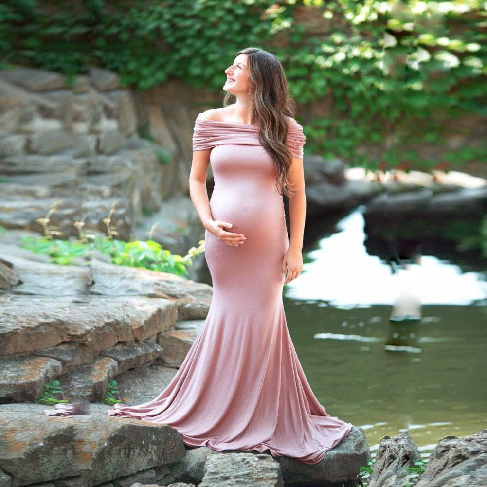 Women's Cotton Pregnant Women Anti-Necked Short-Sleeved Tail Dress Photo Dress 1147 Maternity