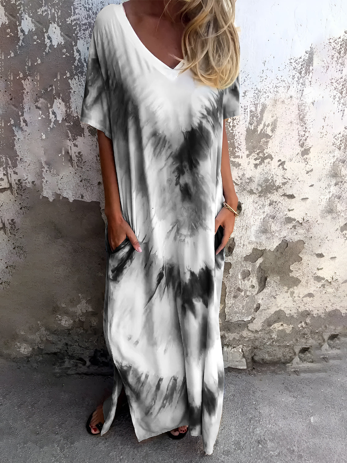 Size Pocketed Tie-Dye Short Sleeve Dress DJPT