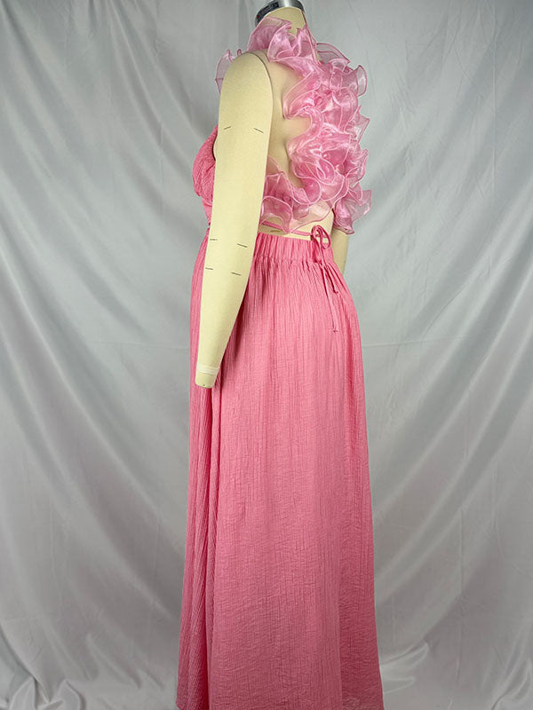 Pink Tulle Splicing Ruffle Pleated Tie Back V-Neck High Waist Cocktail Party Gowns Cute Baby Shower Maternity Maxi Dress Maternity