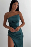 Sheath Strapless Neckline Slit Satin Long Party Dress Prom Dresses SD2446