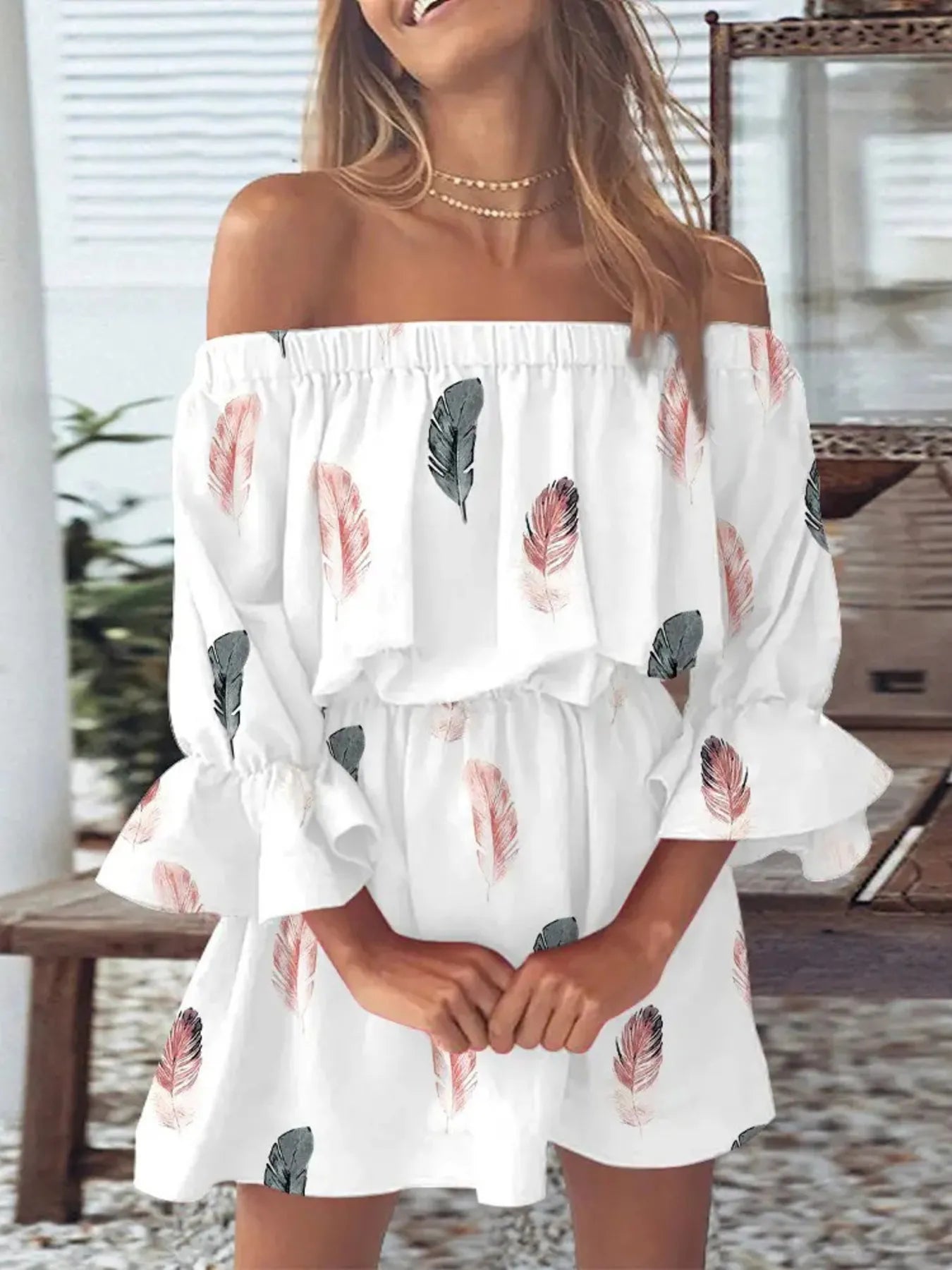 Size Floral Off-Shoulder Flounce Sleeve Mini Dress Plus Size DJPT