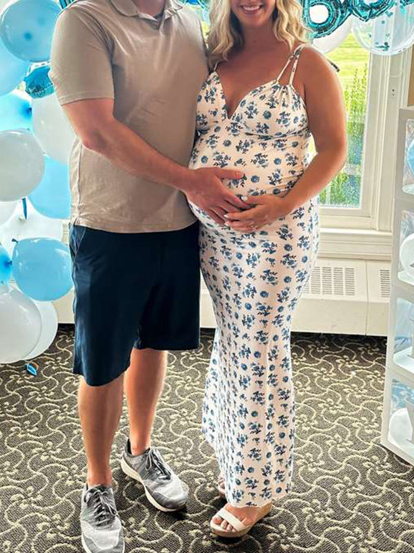 Floral Multi Way Lace-up Ruched Sling Bodycon Cami Chic Going Out Party Boho Maternity Photoshoot Baby Shower Maxi Dress Maternity