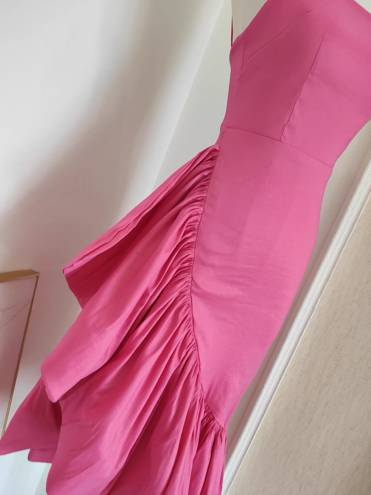 Sheath Spaghetti Straps Hot Pink Satin Dinner Party Dresses Birthday Outfits SD394