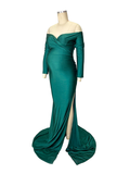 Green Off Shoulder Long Sleeve High Split Bodycon Solid Baby Shower Evening Gown Maternity Maxi Dress Maternity