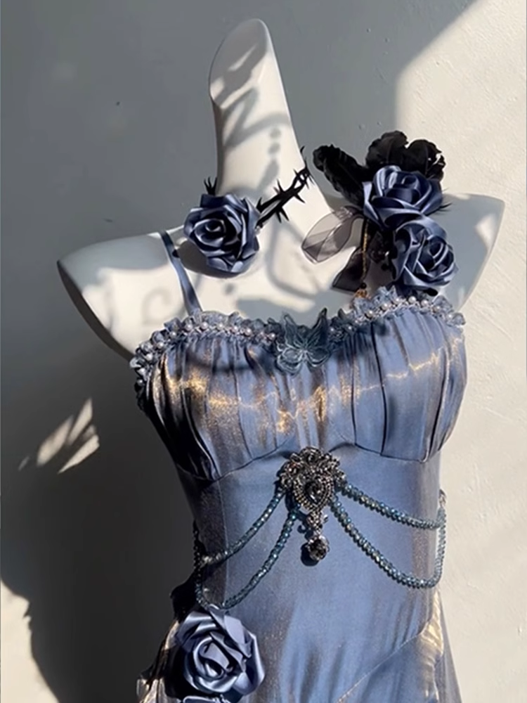 Sheath Spaghetti Straps Floral Blue Long Party Dresses Birthday Outfits With Sleeves SD440