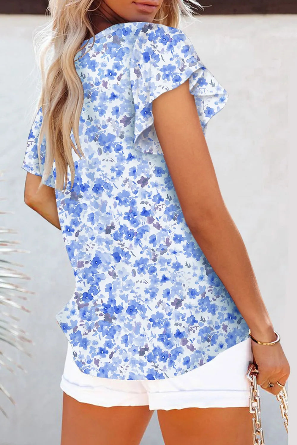 Sleeve Notched Floral Summer Blouse DJPT