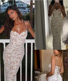 Spaghetti Strap Sleeveless Mermaid Lace Evening Prom Dresses SD1562