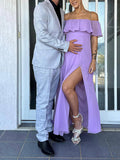 Flowy Chiffon Off Shoulder Ruffle Falbala Side Slit Big Swing Elegant Evening Gown Maternity Photoshoot Baby Shower Maxi Dress Maternity