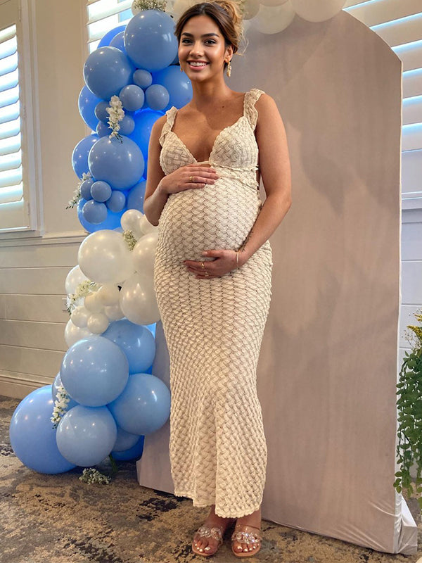 Apricot Cut Out Knitwear Ruffle Backless Tie Back Cocktail Party Gown V-Neck Mermaid Bodycon Elegant Babyshower Dress Photoshoot Maternity Maxi Dress Maternity