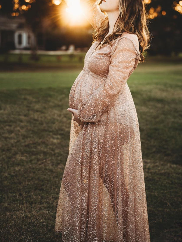 Belly Friendly V-neck Glitter Pleated Belt Boho Evening Photoshoot Babyshower Maternity Maxi Dress Maternity