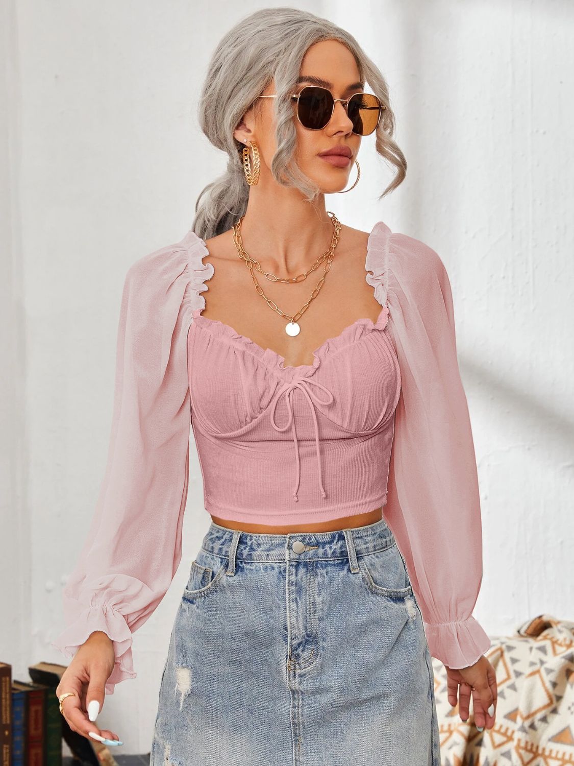 Sweetheart Neck Flounce Sleeve Top DJPT