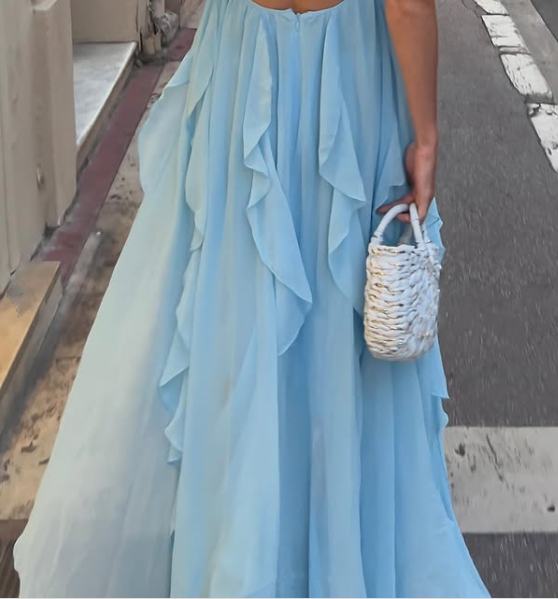 A Line Halter Blue Chiffon Backless Long Evening Dress Prom Dresses SD1660