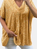 Size Sequin V-Neck Short Sleeve Top DJPT