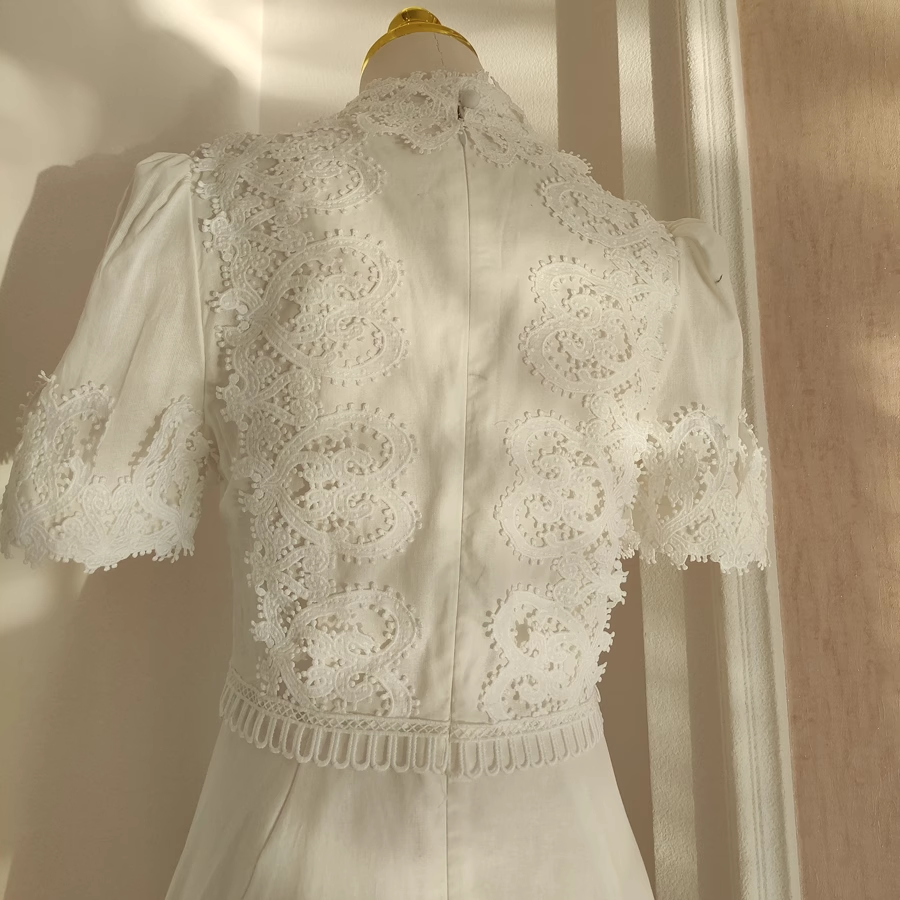 A line High Neckline Short Sleeves Lace White Party Dress Chiffon Holiday Dresses SD348